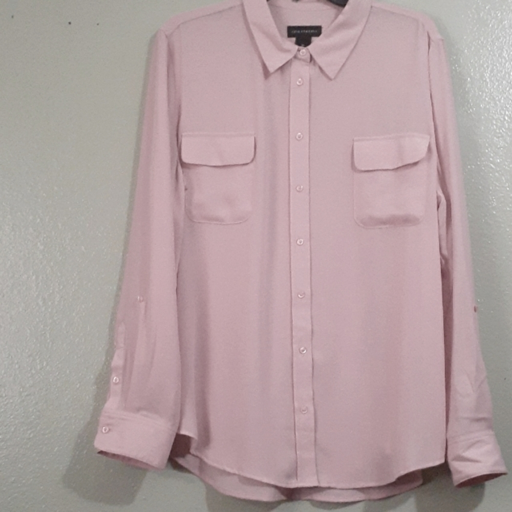 Pink sheer button up shirt by investment's.